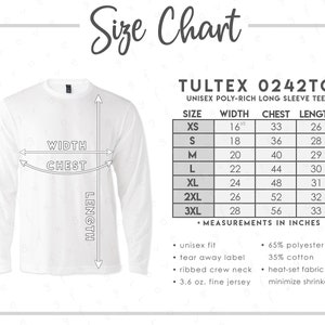 Tultex 0242TC サイズ表 • Tultex ユニセックス ポリリッチ 長袖Tシャツ サイズ表 • Tultex 242 サイズ表 • 242TC サイズ表