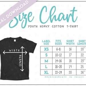 May include: Size chart for youth heavy cotton t-shirts. The chart shows label size, fits sizes, shirt width, and shirt length in inches.  Sizes range from XS to XL.