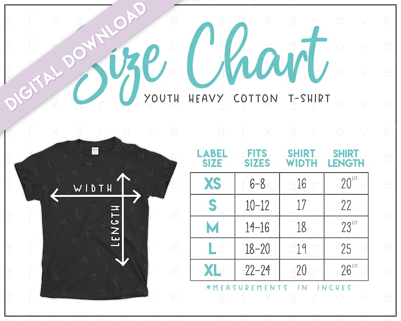 May include: Size chart for youth heavy cotton t-shirts. The chart shows label size, fits sizes, shirt width, and shirt length in inches.  Sizes range from XS to XL.