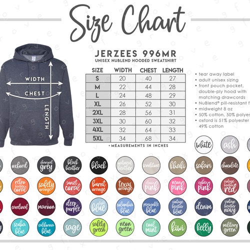 Jerzees 996MR Size Color Chart Jerzees Nublend Hoodie Size - Etsy