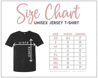 Bella + Canvas 3001 Size Chart • XS - 4XL • Bella Canvas T-Shirt Size Chart • Bella Canvas 3001C • Bella and Canvas Shirt Size Chart