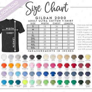 Tabla de tallas semieditable Gildan 2000 + Tabla de colores • Tabla de tallas de camisetas de algodón ultra Gildan • Tabla de colores de camisetas Gildan 2000 • G200