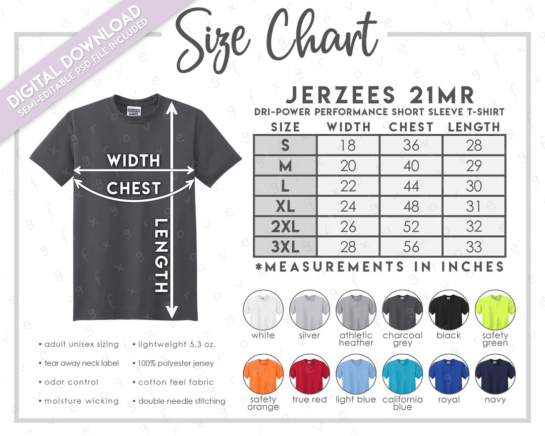 Semieditable Jerzees 21MR Size Color Chart Jerzees Dri Power