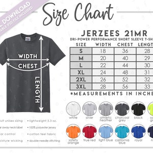 Semi-Editable Jerzees 21MR Size + Color Chart • Jerzees Dri Power Performance T-Shirt Size Chart • Jerzees 21MR Color Chart • Jerzees 21 MR