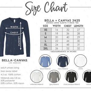 Bella + Canvas 3425 Tabla de tallas y colores • 7 COLORES • Tabla de tallas de camiseta de cuello en V de manga larga Bella Canvas • Tabla de colores 3425 • BC3425