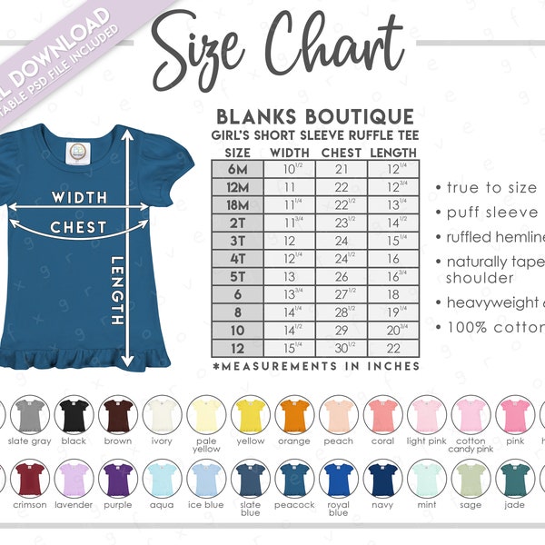 Semi-Editable Blanks Boutique Girl's Short Sleeve Ruffle Tee Size + Color Chart • Girls Ruffle Tee Size Chart