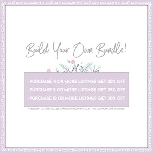 May include: A purple and white graphic with the text "Build Your Own Bundle!" and a floral design. The graphic lists discounts for purchasing 4, 8, or 12 or more listings. The text states "Discount automatically applied in shopping cart - no coupon code required."