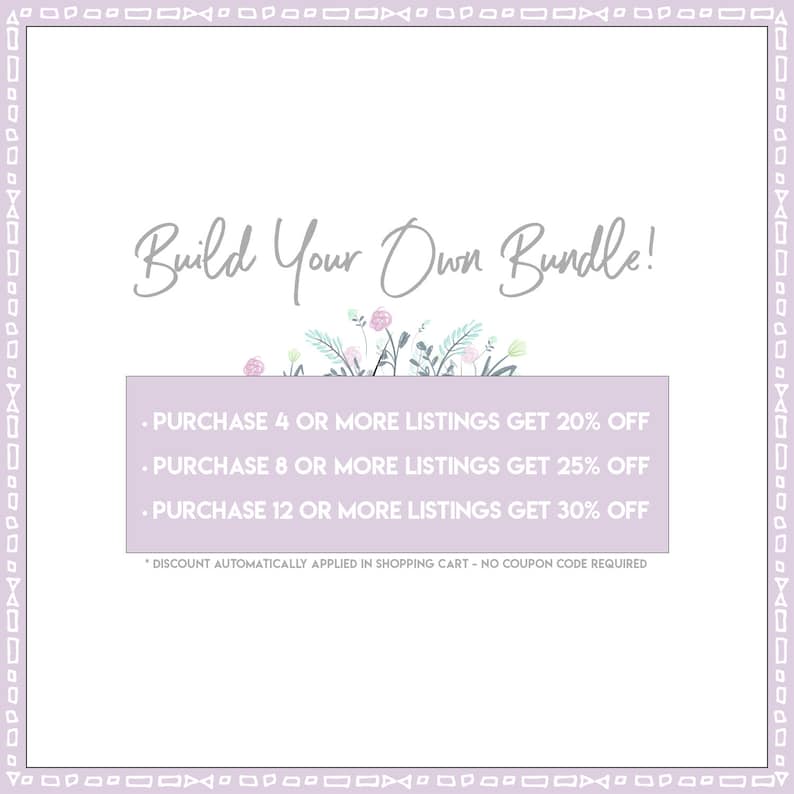 May include: A purple and white graphic with the text "Build Your Own Bundle!" and a floral design. The graphic lists discounts for purchasing 4, 8, or 12 or more listings. The text states "Discount automatically applied in shopping cart - no coupon code required."