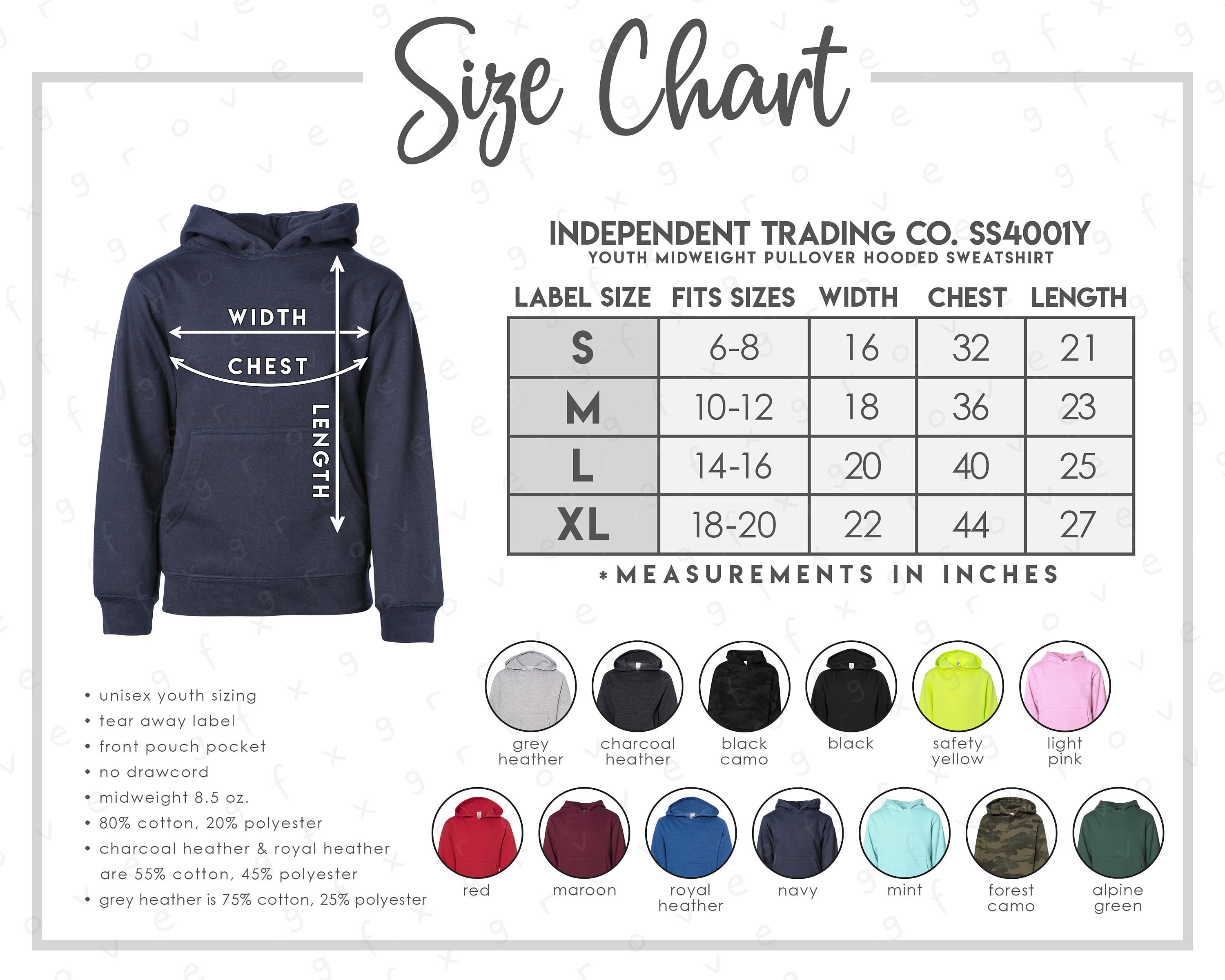 Independent Trading Co. SS4001Y Size Color Chart 13 COLORS Independent  Trading Company Youth Hoodie Size Chart SS4001Y Size Chart 