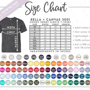 Semi-Editable Bella + Canvas 3001 Size + Color Chart • Updated 2023 colors • Bella Canvas T-Shirt Size Chart • Color Chart