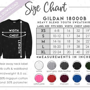 Tabla de tallas y colores semieditable de Gildan 18000B • Tabla de tallas de sudaderas juveniles de Gildan • Tabla de colores de sudaderas G180B • G180B
