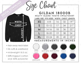 Semi-Editable Gildan 18000B Size Chart + Color Chart • Gildan Youth Sweatshirt Size Chart • G180B Sweatshirt Color Chart • G180B