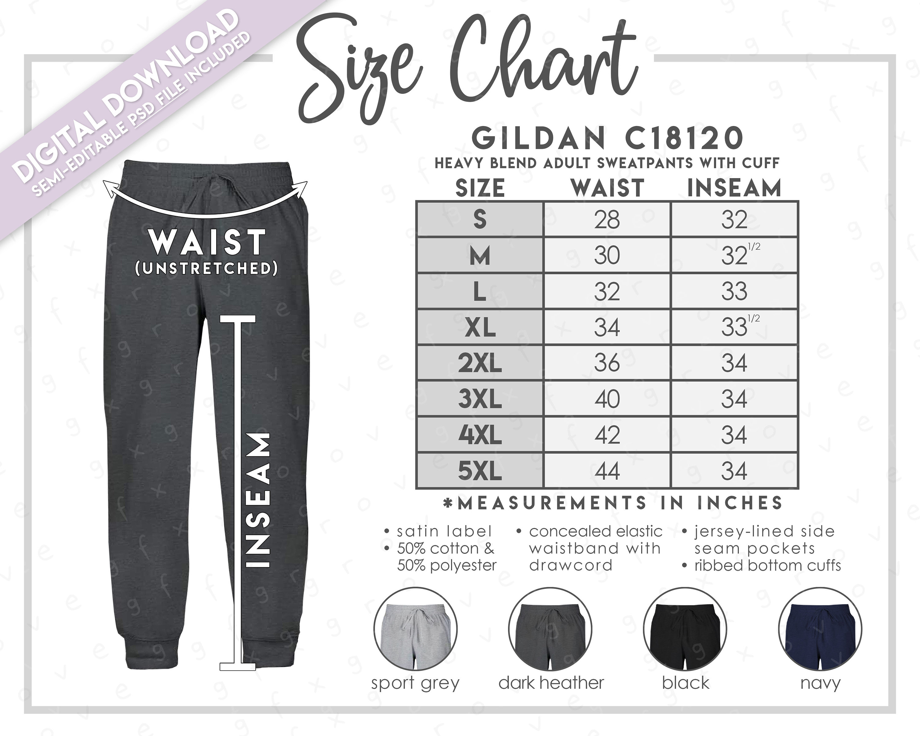 Semi-editable C18120 Size Chart Color Chart Heavy Blend Sweatpants
