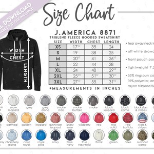 Tabla de tallas y colores semieditables de J. America 8871 • Tabla de tallas de sudadera con capucha de polar triblend J. America • JA8871 • Tabla de colores 8871