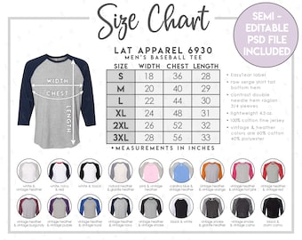 Semi-Editable LAT Apparel 6930 Size + Color Chart • LAT Apparel Men's Baseball Tee Size Chart • LAT 6930 Color Chart