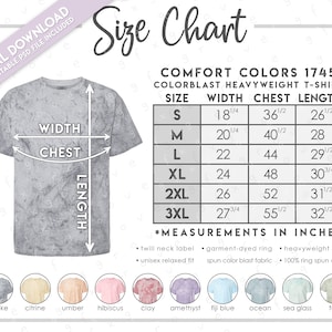 Puede incluir: Tabla de tallas para la camiseta pesada Colorblast Comfort Colors 1745. La tabla muestra las medidas en pulgadas para el ancho, el pecho y la longitud para las tallas S, M, L, XL, 2XL y 3XL.