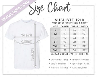 SubliVie 1910 Size Chart • SubliVie Men's Sublimation Tee Size Chart • SubliVie Unisex Polyester T-Shirt Size Chart