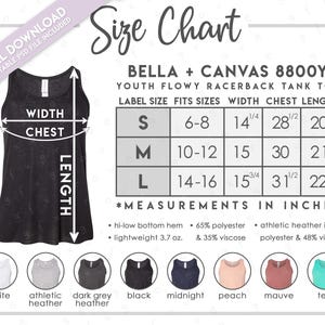 Semi-Editable Bella + Canvas 8800Y Size + Color Chart • Bella Canvas Youth Flowy Racerback Tank Size Chart • BC8800Y