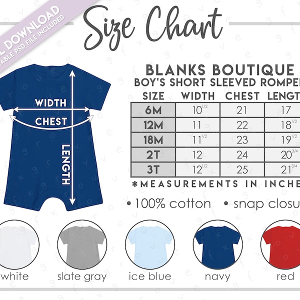 Semi-Editable Blanks Boutique Boy's Short Sleeve Romper Size + Color Chart • Boy's Romper Size Chart • Boy's Romper Color Chart