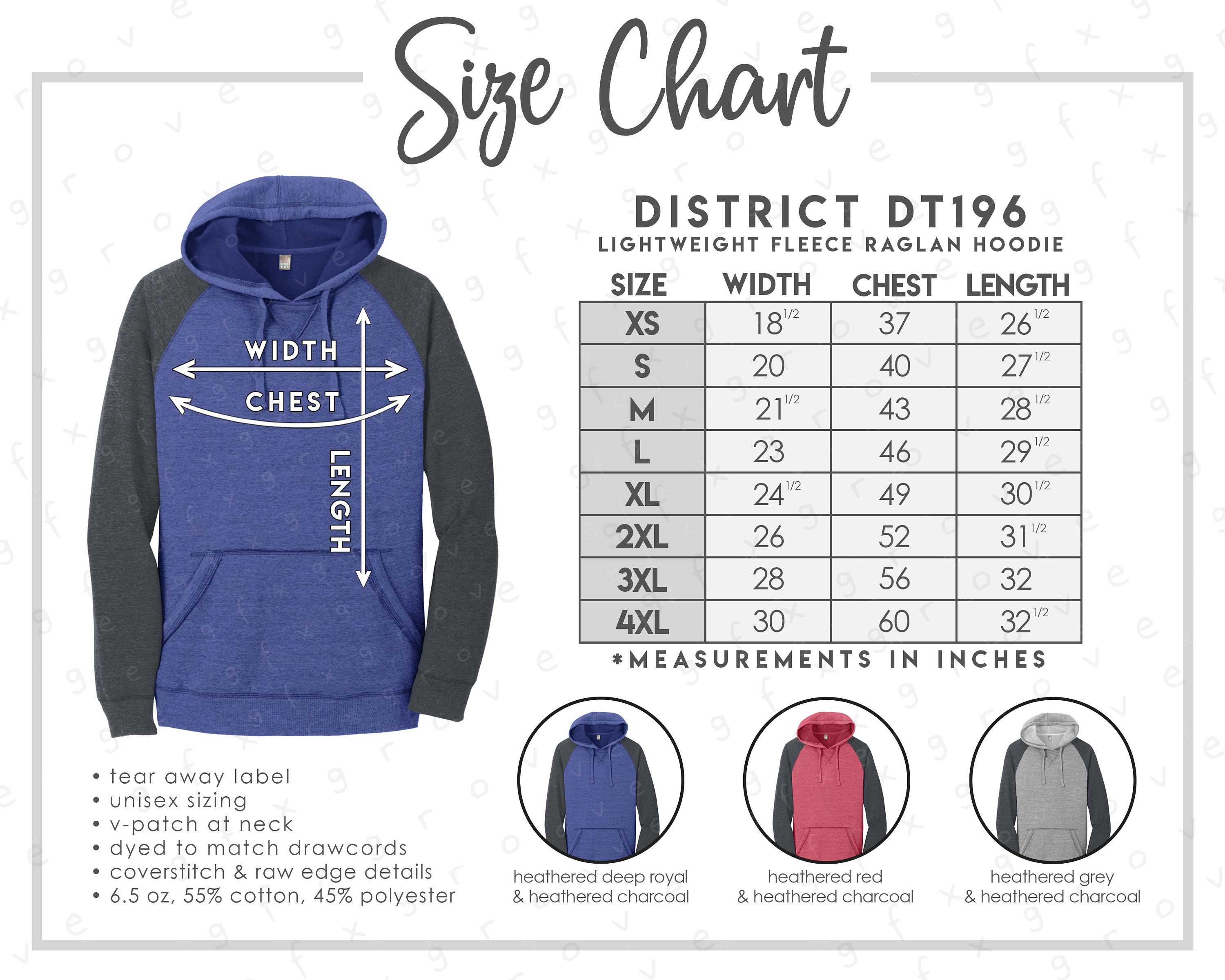 District DT196 Size + Color Chart • District Fleece Raglan Hoodie