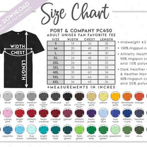 Semi-Editable Port & Company PC450 Size + Color Chart • Adult Unisex Fan Favorite Tee Size Chart • PC 450 Size Chart • PC450 Color Chart