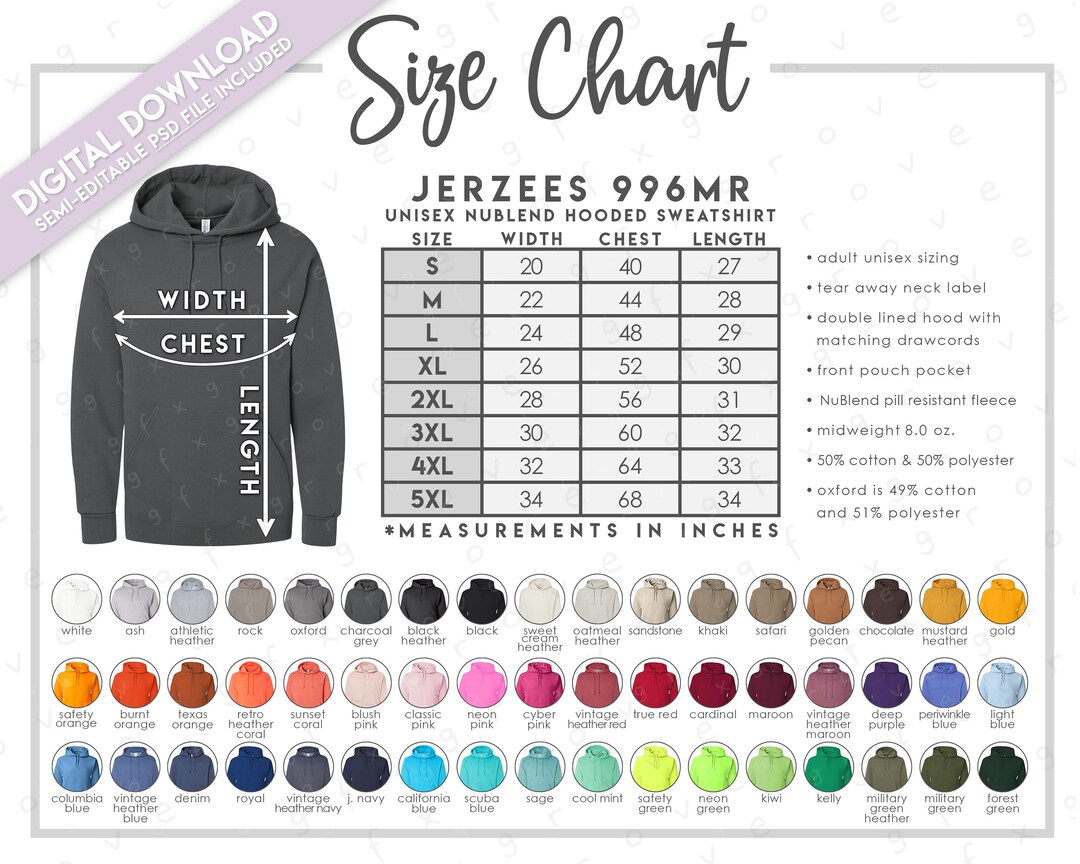 Semi-editable Jerzees 996MR Size Color Chart Jerzees Nublend Hoodie ...