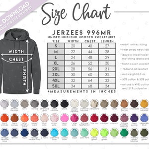 Semi-Editable Jerzees 996MR Size + Color Chart • Jerzees Nublend Hoodie Size Chart • Jerzees Hoodie Color Chart • Jerzees 996 Size Chart