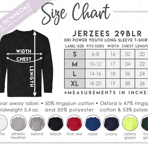 Semi-Editable Jerzees 29BLR Size + Color Chart • Jerzees Dri Power Youth Long Sleeve T-Shirt Size Chart • Jerzees 29BLR Color Chart