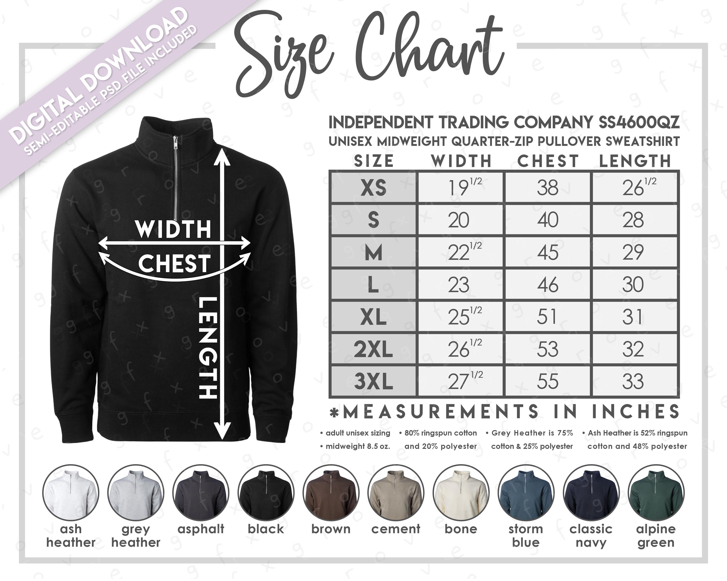 Semi-editable Independent Trading Co. SS4600QZ Size + Color Chart Semi-editable Independent Trading Co. SS4600QZ Size + Color Chart