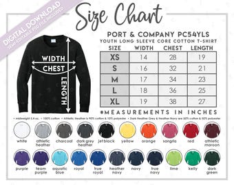 Semi-Editable Port & Company PC54YLS Size + Color Chart • Port and Company Youth Long Sleeve Core Cotton T-Shirt Size Chart • PC54YLS Colors