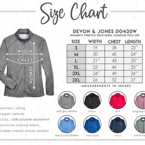 May include: Size chart for a women's full-zip jacket with a variety of colour options. The chart shows the width, chest, and length measurements in inches for sizes S through 3XL. The jacket features a hidden media player pocket and raglan sleeves.