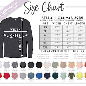 Sudadera unisex Bella Canvas de polar esponjoso con hombros caídos, talla 3945, semieditable, con tabla de colores y tallas. Tabla de colores 3945.