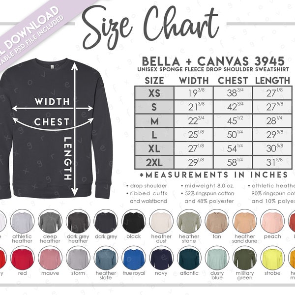 Semi-Editable Bella + Canvas 3945 Size + Color Chart • Bella Canvas Unisex Sponge Fleece Drop Shoulder Sweatshirt • 3945 Color Chart