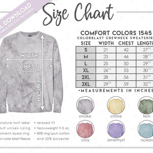 Może przedstawiać: Tabela rozmiarów dla rozpinanej bluzy z kapturem Colorblast Comfort Colors 1545. Tabela pokazuje wymiary szerokości, klatki piersiowej i długości w calach dla rozmiarów S, M, L, XL, 2XL i 3XL.