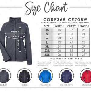 May include: Size chart for a women's lightweight jacket with a three-layer knit tech shell. The chart shows sizes XS to 3XL with measurements in inches for width, chest, and length. The jacket is available in six colours: carbon, black, true royal, classic navy, and classic red.