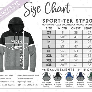 Peut inclure: Tableau des tailles pour un sweat à capuche Sport-Tek STF205 pour hommes. Le tableau comprend des mesures en pouces pour la largeur, la poitrine et la longueur, allant de XS à 4XL. Le sweat à capuche est présenté en plusieurs couleurs, dont gris fumée foncé, noir, bleu roi, bleu marine et vert forêt.