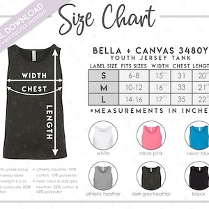 Semi-Editable Bella + Canvas 3480Y Size + Color Chart • Bella Canvas Youth Jersey Tank Size Chart • Bella Canvas Youth Tank Top • BC3480Y