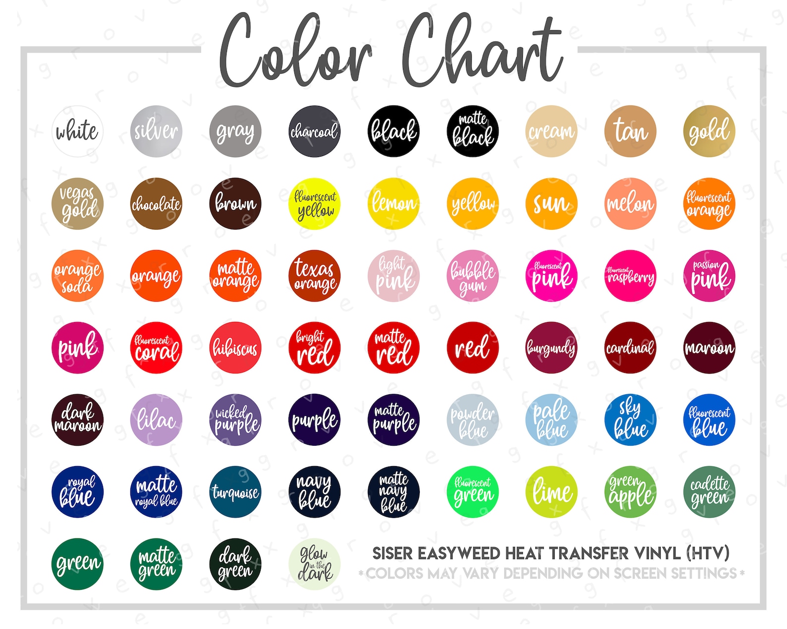 Siser Easyweed HTV Color Chart 58 COLORS Semi-editable PSD | Etsy