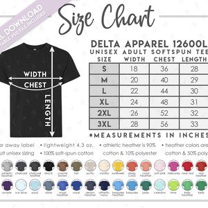 Tabla de tallas y colores semieditable de Delta Apparel 12600L • Tabla de tallas de camisetas unisex para adultos de Delta Softspun • Tabla de tallas de Delta 12600L