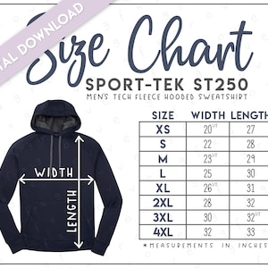 Sport-Tek ST250 Size Chart • Sport-Tek Men&#39;s Tech Fleece Hooded Sweatshirt • Sport Tek Men&#39;s Hoodie • Sport Tek ST250