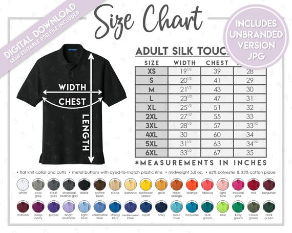 Semi-editable Port Authority K500 Size + Color Chart • Port