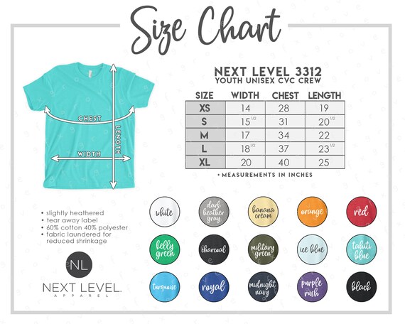 Next Level 3312 Size Color Chart ALL 15 