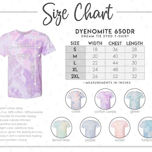 Dyenomite 650DR Size + Color Chart • Dyenomite Dream T-Shirt Size Chart • Dyenomite Tie Dyed T-Shirt Color Chart