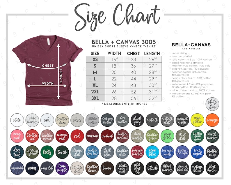 Bella Canvas 3005 Size Color Chart All Colors Bella | Etsy
