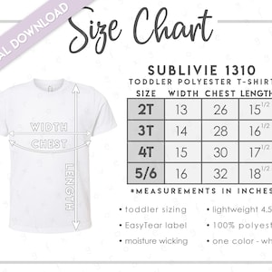 SubliVie 1310 Size Chart • SubliVie Toddler Sublimation Tee Size Chart • SubliVie Toddler Polyester T-Shirt Size Chart