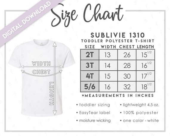 Sublivie 1310 Size Chart • Sublivie Toddler Sublimation Tee Size