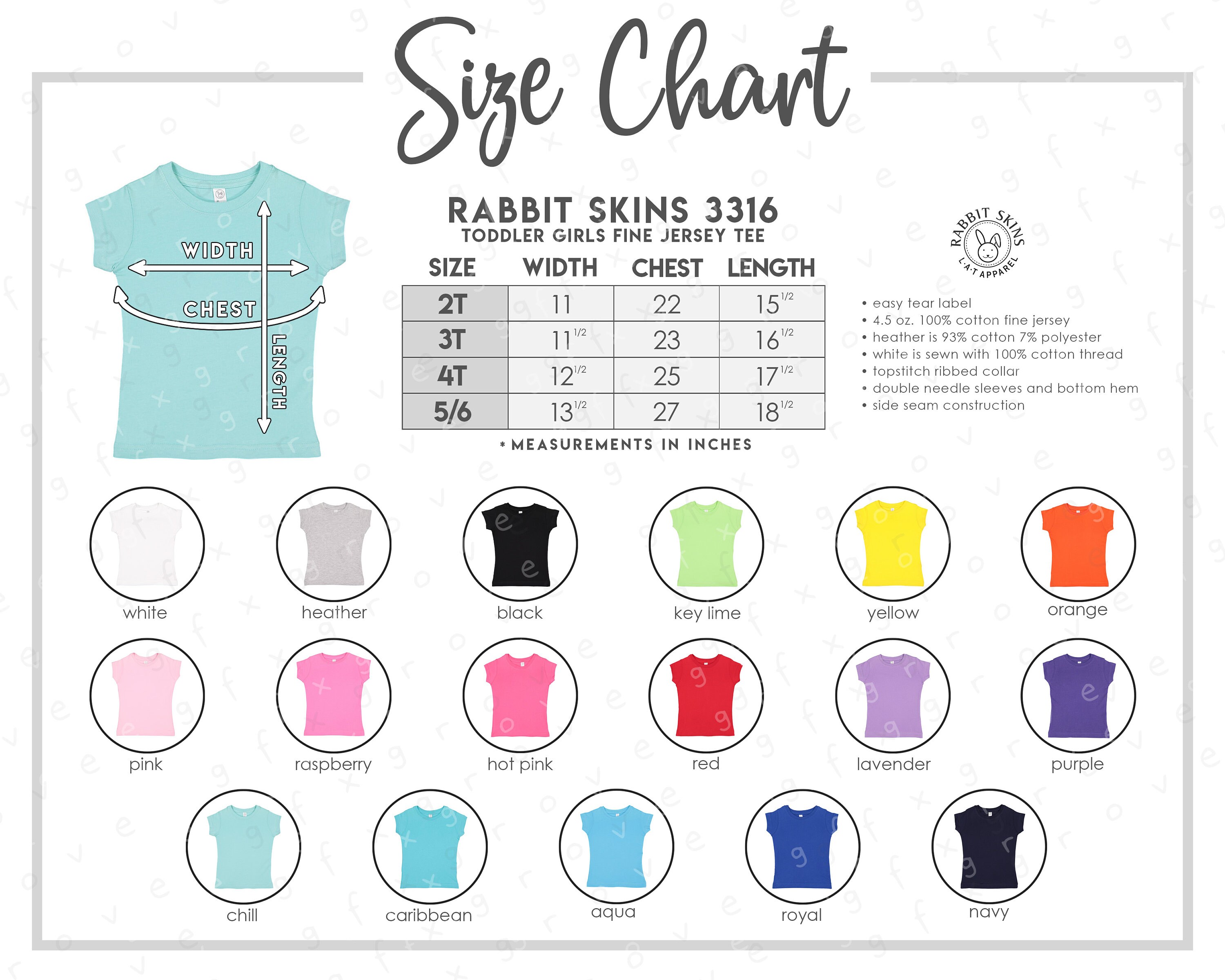 Rabbit Skins 3316 Size + Color Chart • ALL 17 COLORS