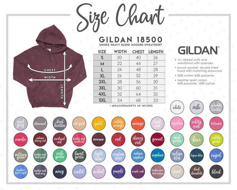 Gildan 18500 Size Chart Color Chart ALL 47 COLORS Gildan | Etsy