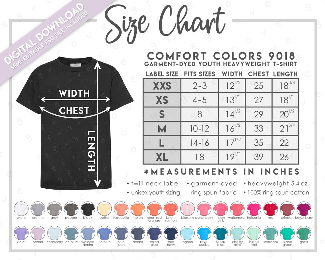 Comfort Colors 9018 Size Color Chart Youth Garment-dyed Heavyweight T ...