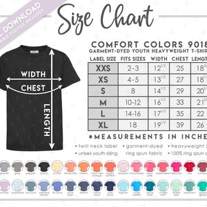 Comfort Colors 9018 Größe + Farbtabelle • Jugend Garment-Dyed Heavy Weight T-Shirt Größentabelle • 9018 Farbtabelle • 9018 Größentabelle • CC9018